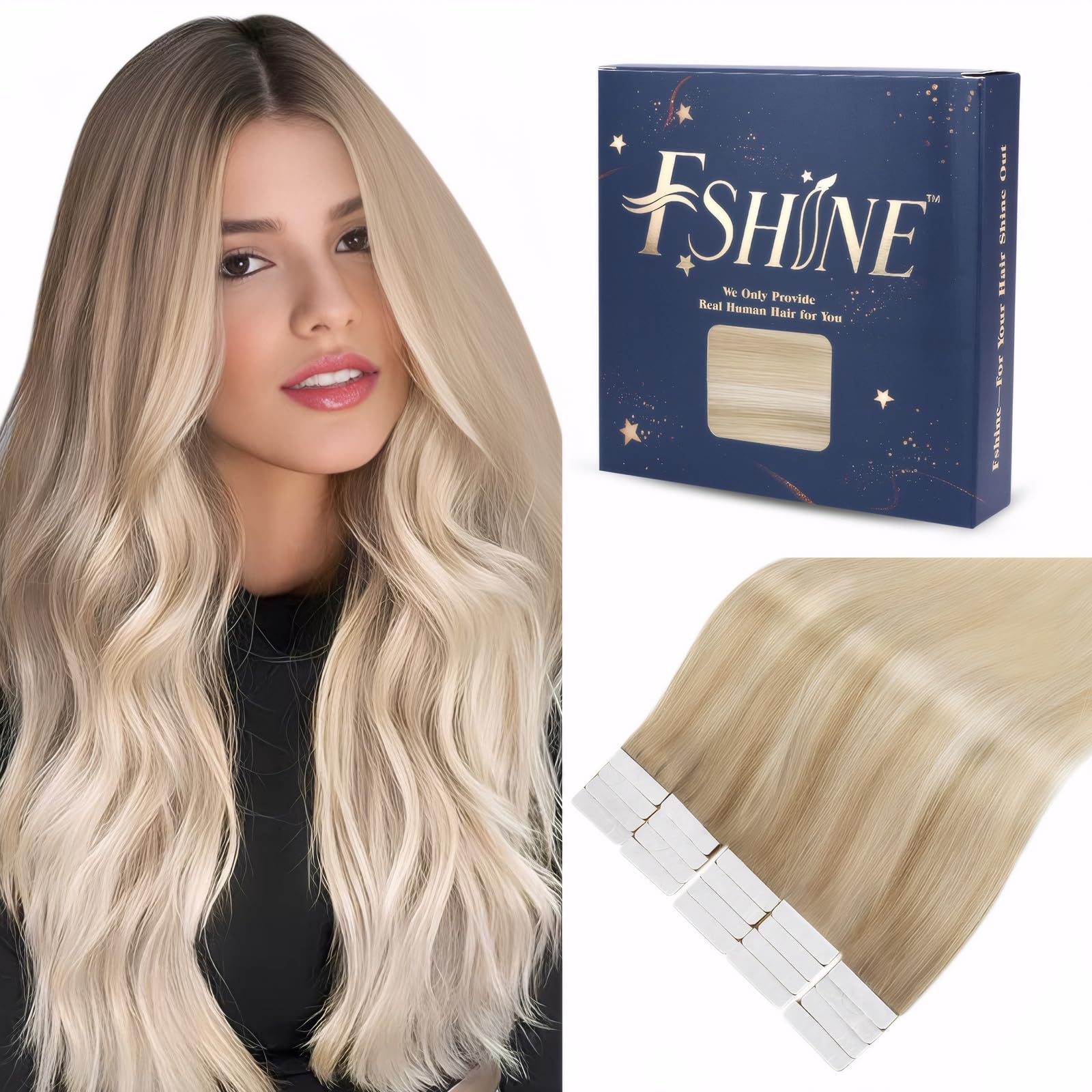 fshine Tape Hair Extensions Real Human Hair Balayage Ash Blonde to Bleach Blonde with Platinum Blonde Hair Extensions Tape 18 Inch Tape In Extensions Human Hair Tape In Human Hair Extensions 50g โ image 1