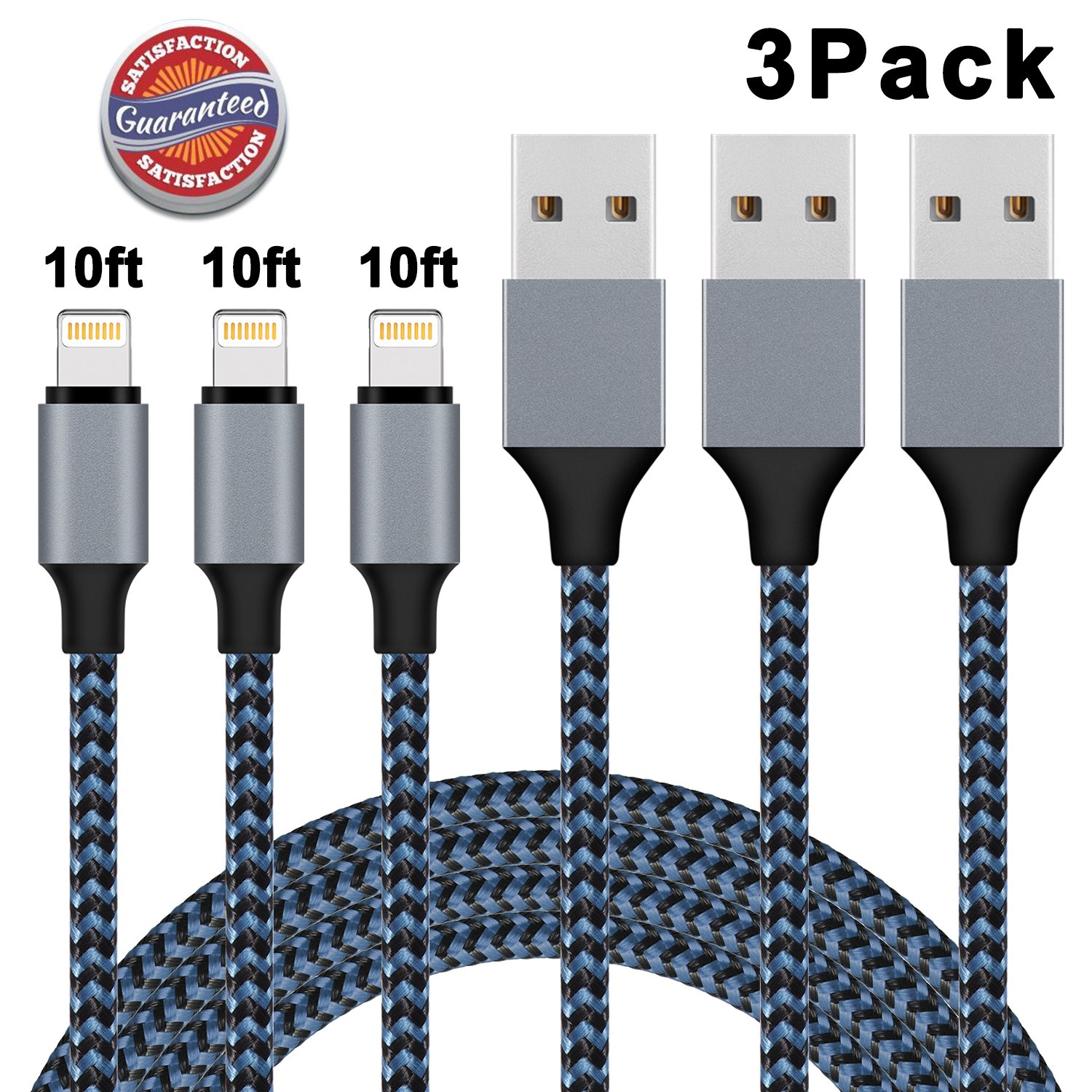 Lightning Cable, iPhone Charger 3Pack 10FT Nylon Braided USB Charging Cable Cord for iPhone X 8 8 Plus 7 7 Plus 6 6s 6 Plus 6s Plus 5 5s SE 5c, iPad, iPod - Blue