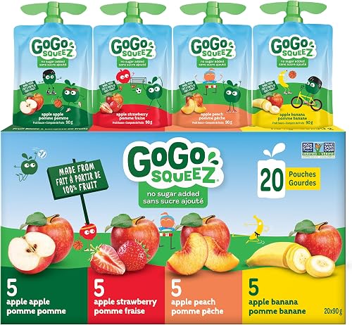 GoGo squeeZ Fruit Sauce Variety Pack, Apple, Strawberry, Peach, Banana, No Sugar Added. 90g per pouch, Pack of 20