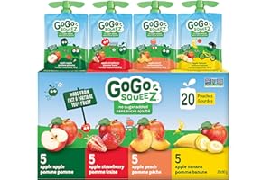 GoGo squeeZ Fruit Sauce Variety Pack, Apple, Strawberry, Peach, Banana, No Sugar Added. 90g per pouch, Pack of 20