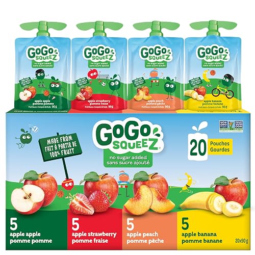 GoGo squeeZ Fruit Sauce Variety Pack, Apple, Strawberry, Peach, Banana, No Sugar Added. 90g per pouch, Pack of 20