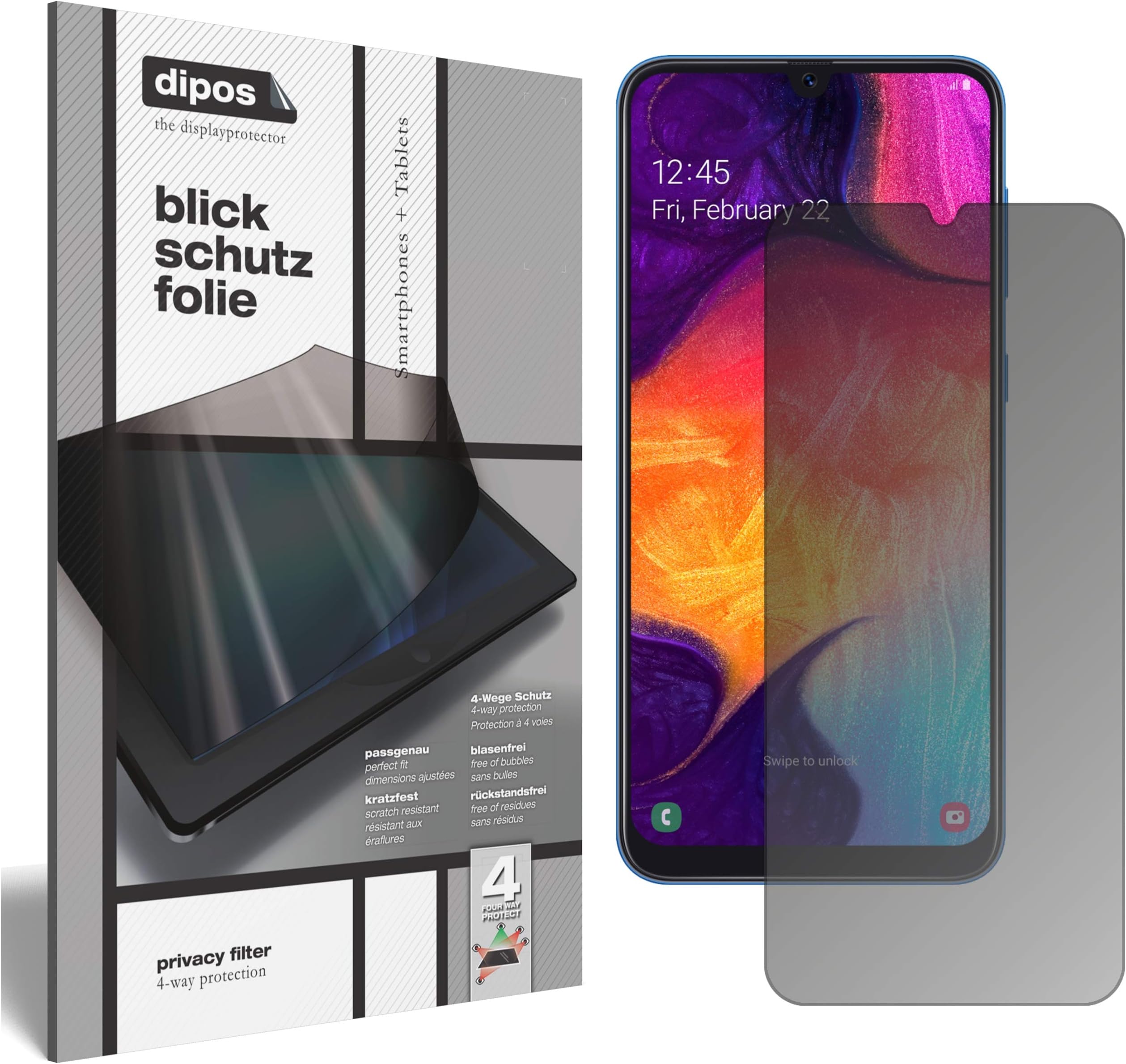 dipos I Privacy Filter compatible with Samsung Galaxy A50 Screen Protector Anti-Spy 4-Way Protection