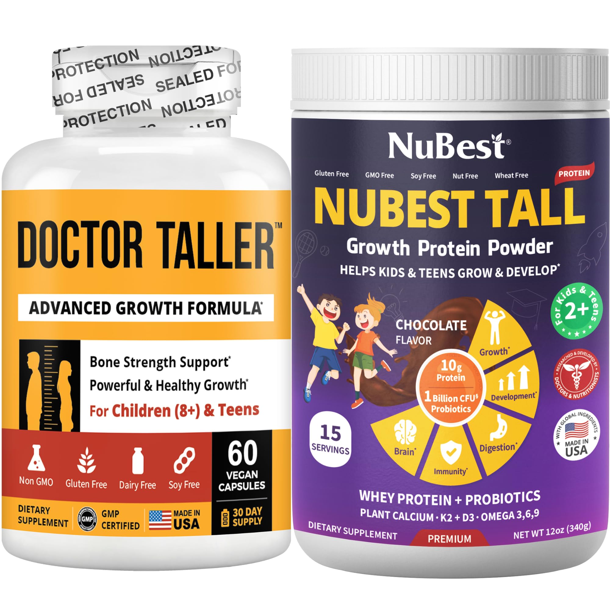 NuBest Bundle Tall Growth Protein with Chocolate Flavor + Doctor Taller 60 Vegan Capsules - Support Height Growth, Bone Strength, Bone Growth and Overall Health
