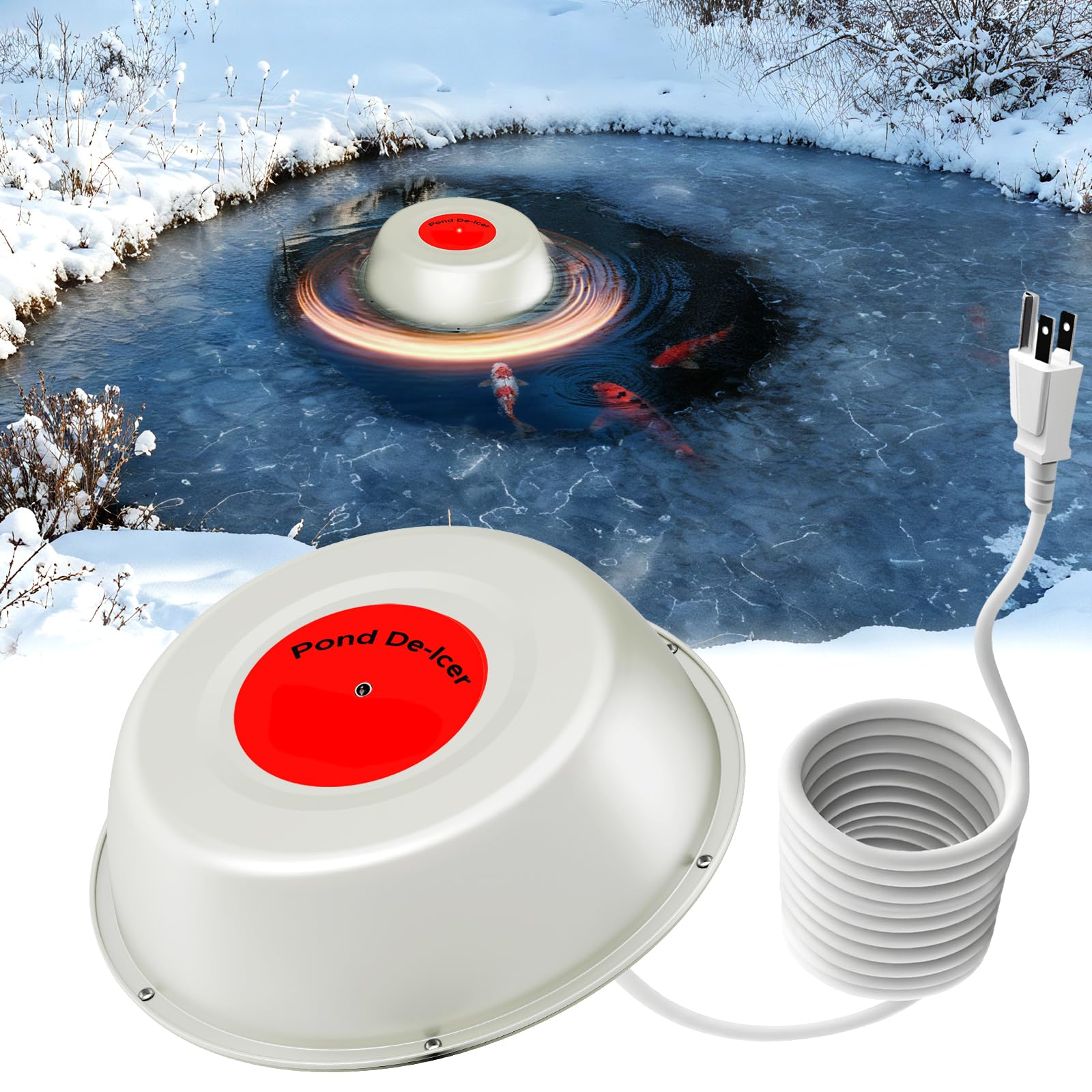Photo 1 of 1000W Pond Heaters for Outdoor Ponds with Fish, Small Pond Heater with Auto ON/OFF, Floating Pond Deicer with Thermostat-Controlled and LED Indicator, Durable Cast Stock Tank Heater with 10 FT Cord