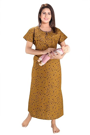 Women's Cotton Printed Feeding/Maternity/Nursing Nighty V Pattern