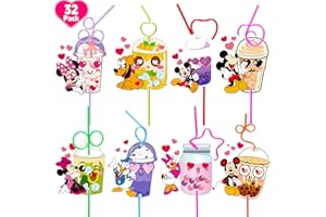Alirea Valentines Day Gifts for Kids - 32 Pack Reusable Drinking Crazy Straws Bulk - Cute Cartoon Mouse Valentines Cards for Girls Boys Toddlers School Class Classroom Party Favors
