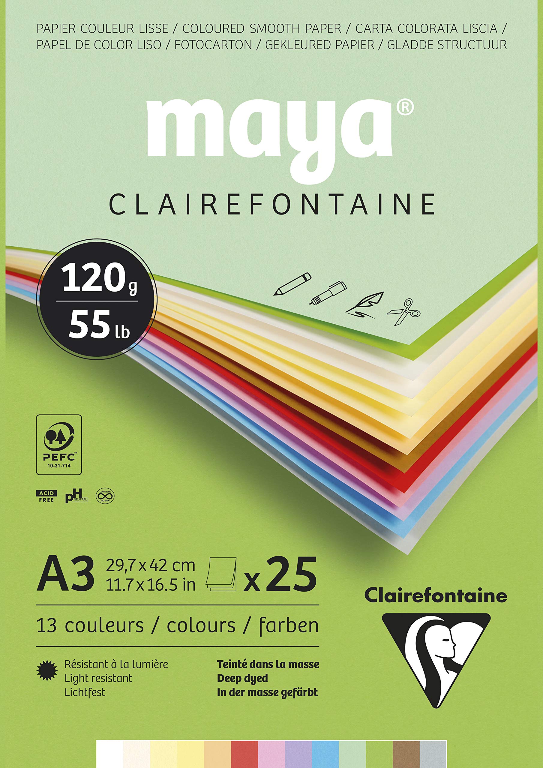 Clairefontaine - Ref 975333C - Maya Pastel Coloured Drawing Pad (Pack of 25 Sheets) - 120gsm Paper - A3 (42 x 29.7cm) - Assorted Colour - Deep Dyed, Acid Free, pH Neutral