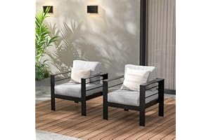 Wisteria Lane 2 Pieces Patio Furniture Aluminum Armchair, All-Weather Outdoor Single Sofa, Black Metal Chair with Light Grey Cushions