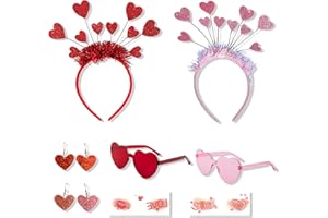 YoneJave 8Pcs Valentine's Day Heart Shaped Headbands Set with Heart Hair Hoop Red Heart Headband Sunglasses Earrings