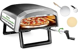 Nutrichef Outdoor Pizza Oven - Manual 360° Rotating Pizza Stone - Adjustable Heat - Includes Pizza Peel, Pizza Cutter, Stone, Cover, & Hose - Cook 12" Pizza in 60 Seconds - Long Handle