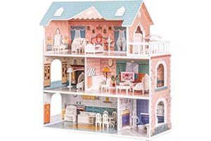 ROBUD Wooden Dollhouse for Kids Girls, Toy Gift for 3 4 5 6 Years Old, with Furniture