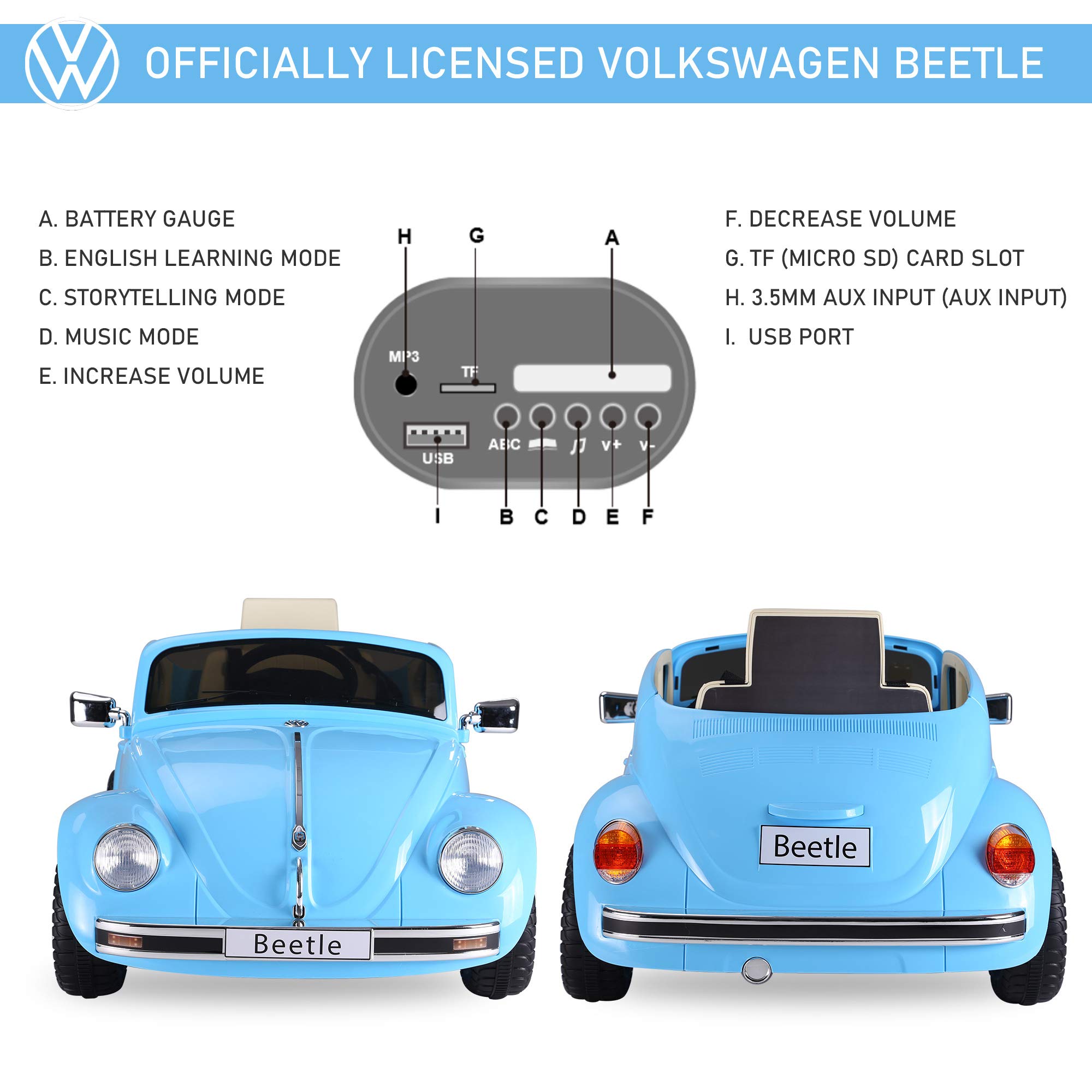 Aosom Licensed Volkswagen Beetle Electric Kids Ride-On Car 6V Battery Powered Toy with Remote Control Music Horn Lights MP3 for 3-6 Years Old Blue