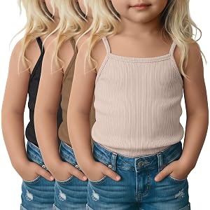 Yooo's Vivi 3 Pack Toddler Girls Cotton Camisoles | Spaghetti Strap, Kids Summer Casual Tank Tops, Soft Undershirts, Breathab