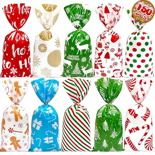 Funnlot Christmas Cellophane Bags 150pcs Christmas Plastic Bags