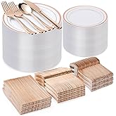 BESTVIP 600PCS Rose Gold Plastic Plate Set (100 Guests), Plastic Plates for Party Wedding Birthday, Disposable Dinnerware Set of 200 Plates, 200 Forks, 100 Spoons, 100 Knives for Christmas