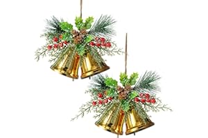 Tioncy Christmas Bell Hanging Ornaments 8.7" Large Rustic Metal Bell Decoration Xmas Hanging Decorative Bell with Red Berry for Christmas Wreath Tree Door Decor(Gold,2 Pcs)