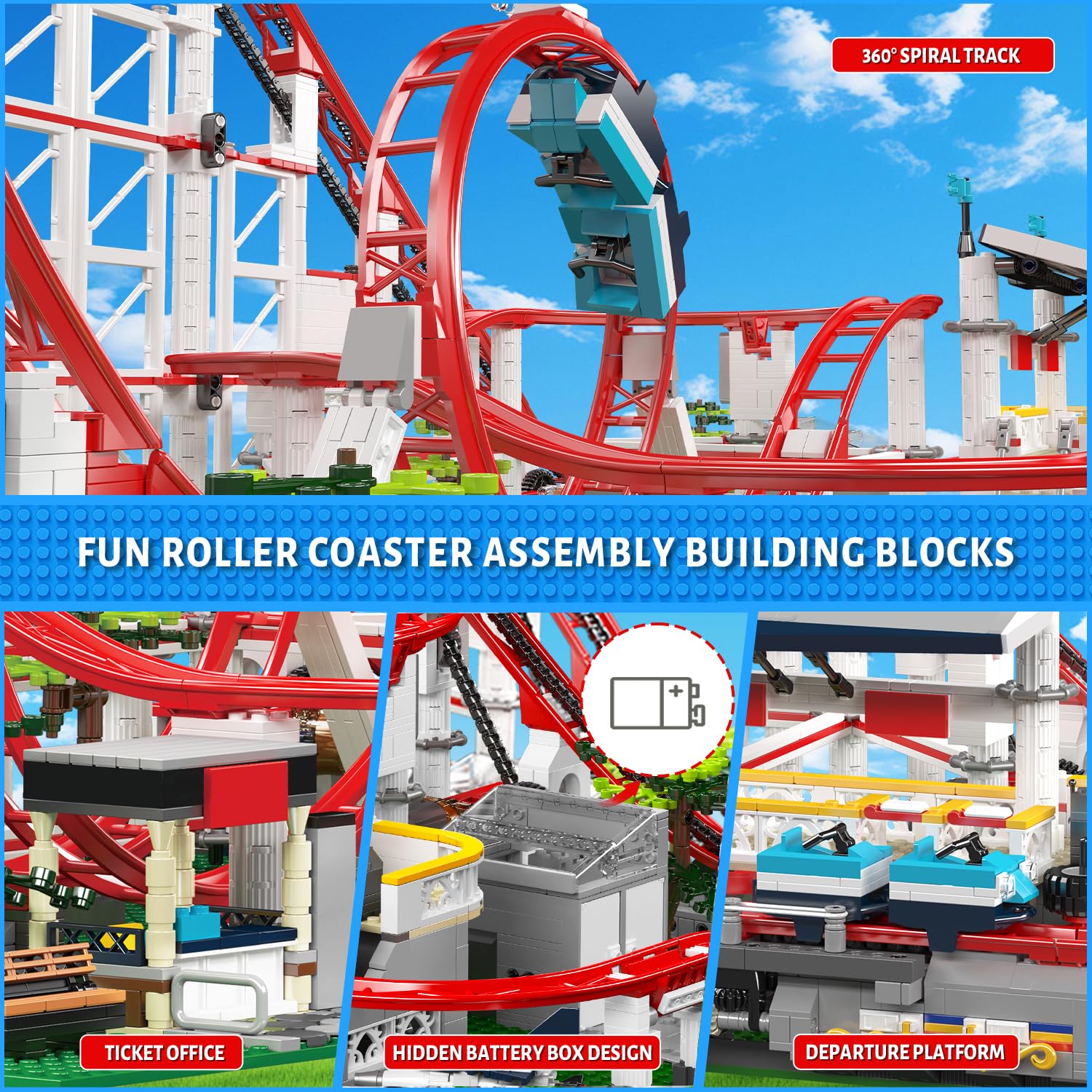 Mould King 11014 Looping-Achterbahn Bausteine Spielzeug, 3646 Teile Expert Loop Coaster Bauspielzeug, Vergnügungspark Untersetzer Klemmbausteine Technik mit Motor, Rollercoaster Modell für Erwachsene 3