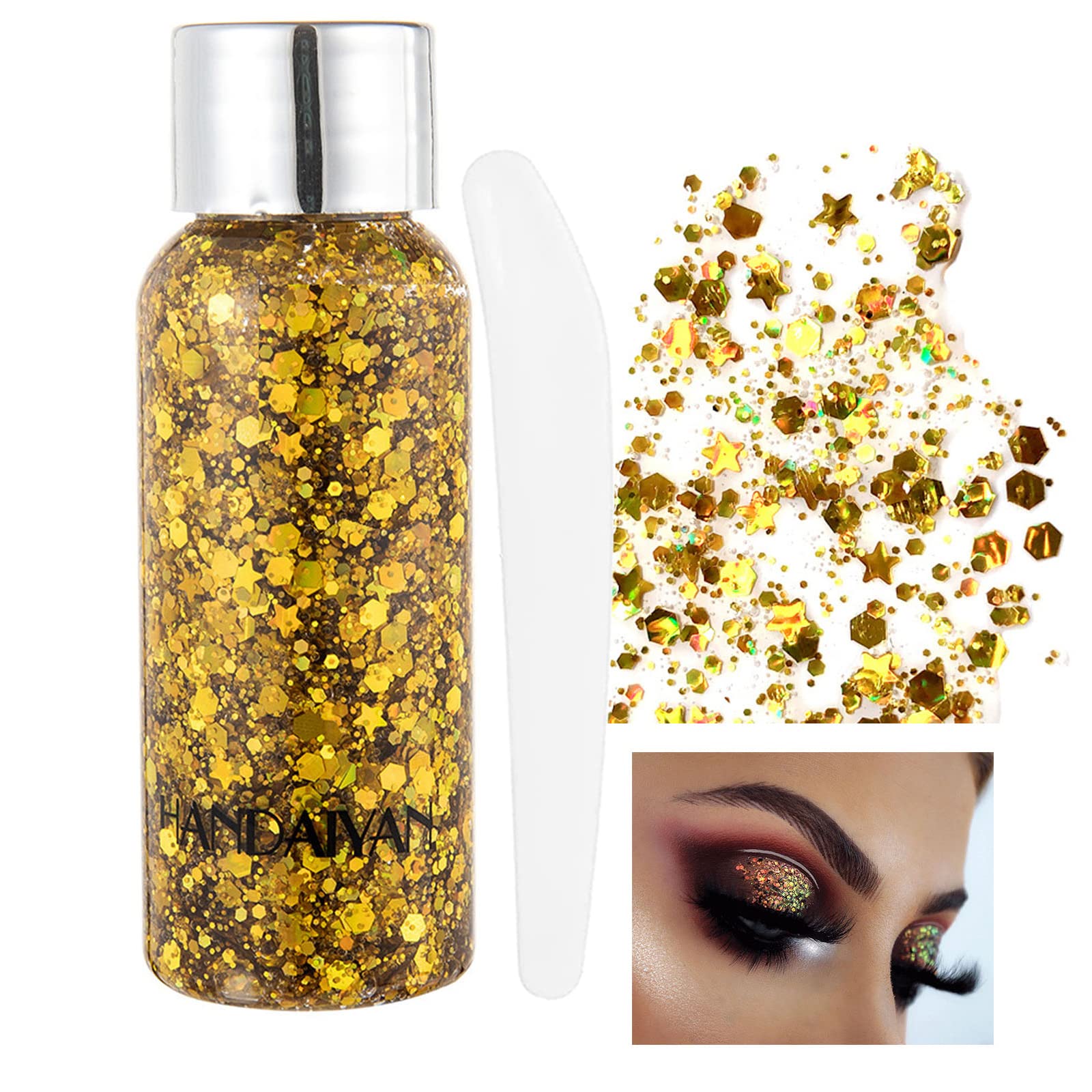 Mermaid Sequins Chunky GlitterLiquid Eyeshadow Glitter Body Gel Festival Glitter Cosmetic Face Hair Nails Makeup Long Lasting Sparkling 30g-Gold