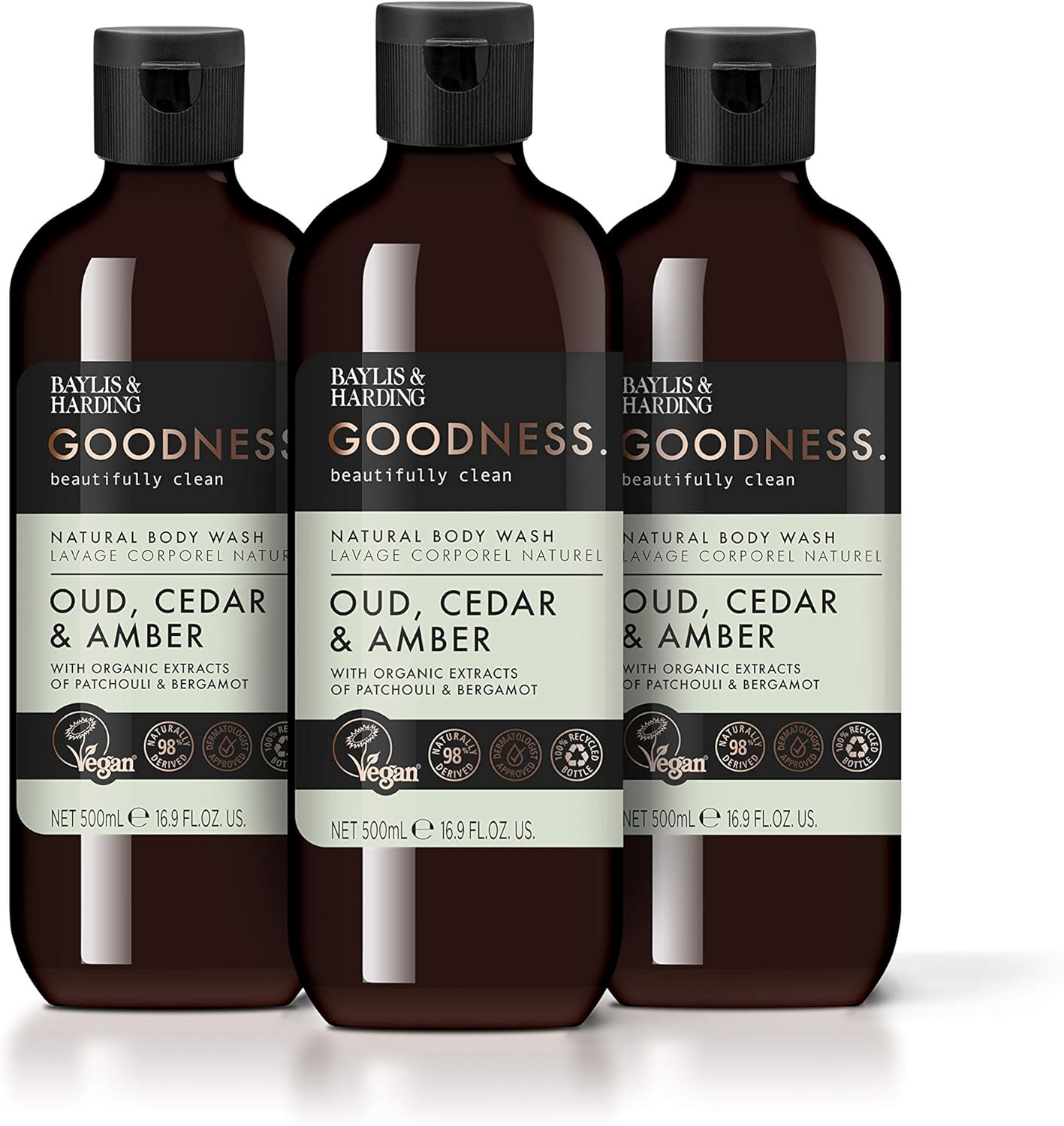 Baylis & Harding Goodness Oud, Cedar and Amber Body Wash, 3 x 500ml