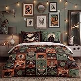 Batiyeer 3 Pcs Vintage Halloween Quilt Set Queen Size,Halloween Bedding Set | Retro Black Cat Bat Ghost Skeleton Print, Soft Microfiber Trick or Treat Bedspread with Pillowcases for Women Men Bedroom