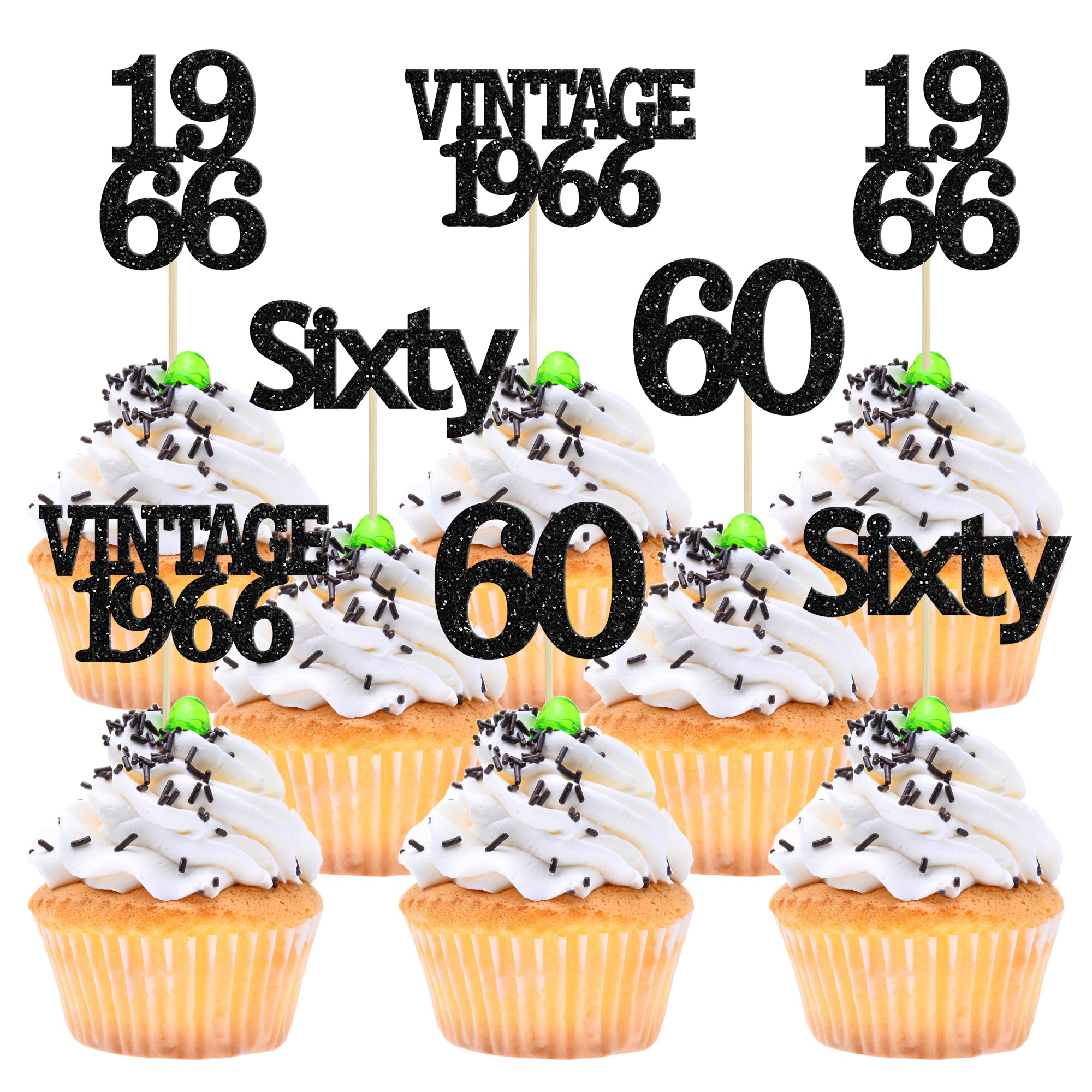 Gyufise 24Pcs Vintage 1966 Cupcake Toppers Cheers to 60 Fabulous Sixty Cupcake Picks Decorations for 60th Birthday Wedding Anniversary Party Cake Decorations Supplies Black