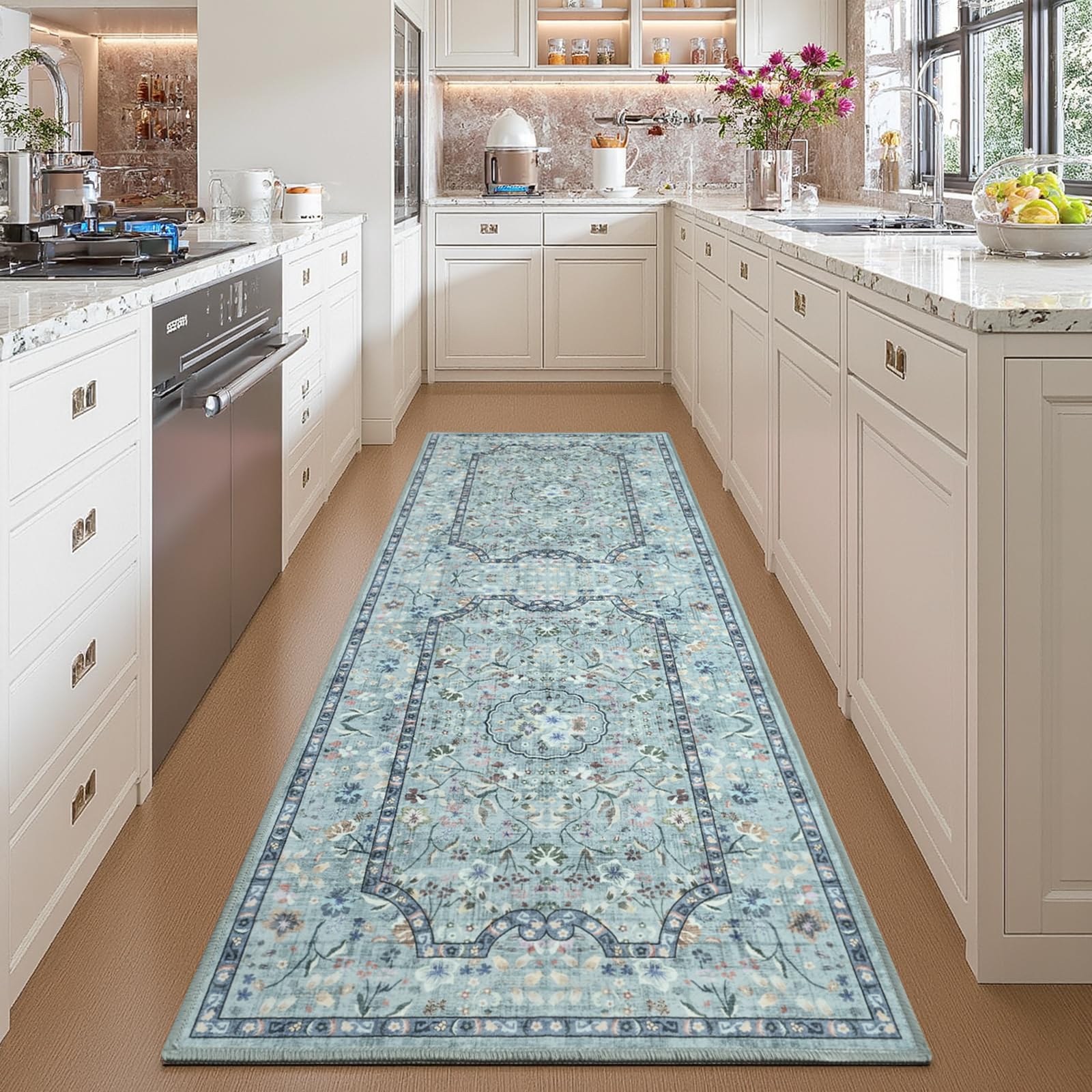 Vasofe 2x6 Area Rug for Bedroom, Ruuner Rugs for Entryway, Kitchen, Hallway, Non-Slip Washable Carpet Soft Low Pile Vintage Floral Blue Mat Front Door Mats for Indoor Laundry Bathroom
