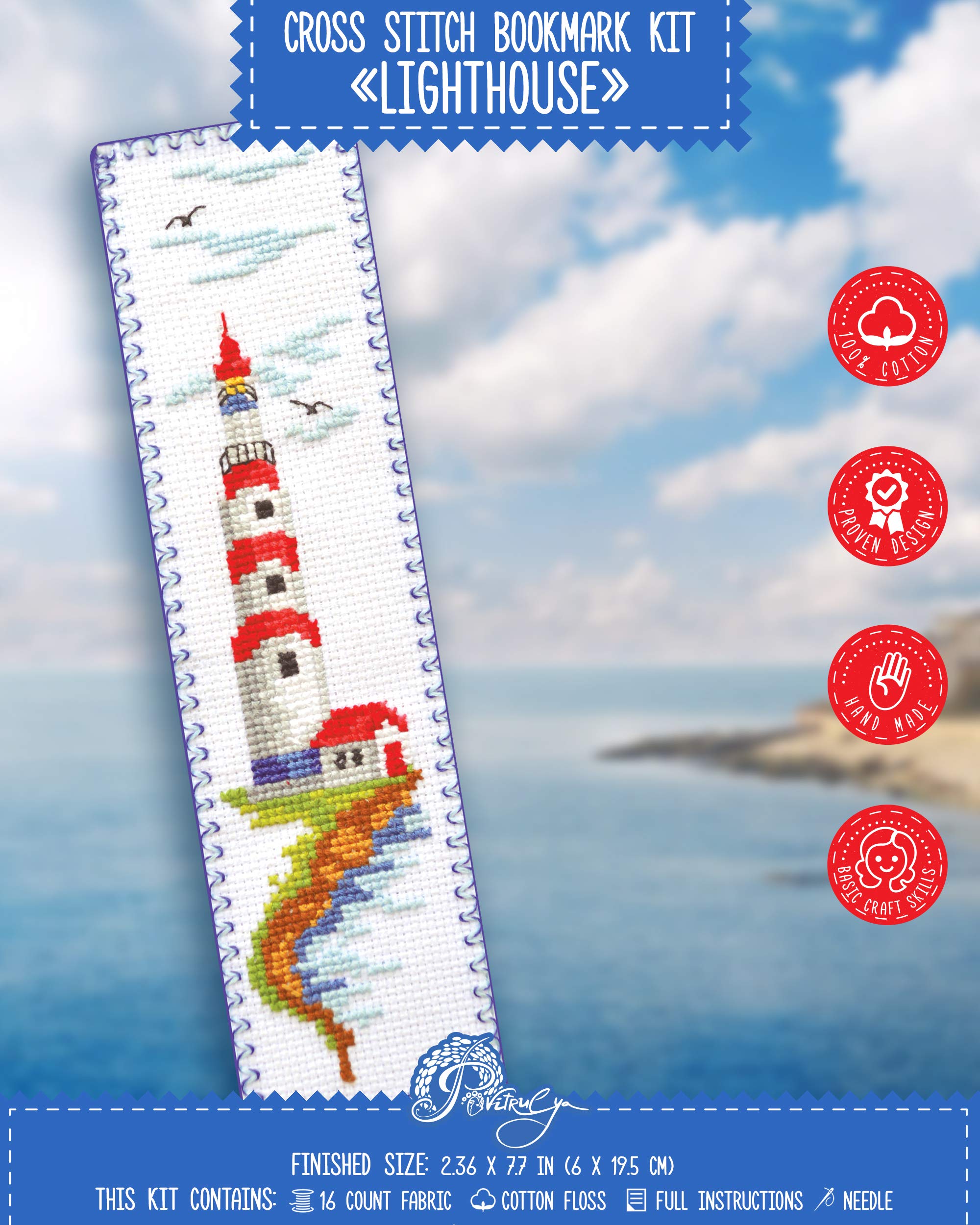 Povitrulya Counted Cross Stitch Kit - DIY Kits for Adults or Kids - Funny Embroidery Bookmark - Easy to Use - Craft Collection - Lighthouse