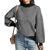 ATHMILE Womens Fashion Turtleneck Sweater Long Sleeve Plaid Ribbed Knit Loose Pullover Tops Trendy Office Outfits