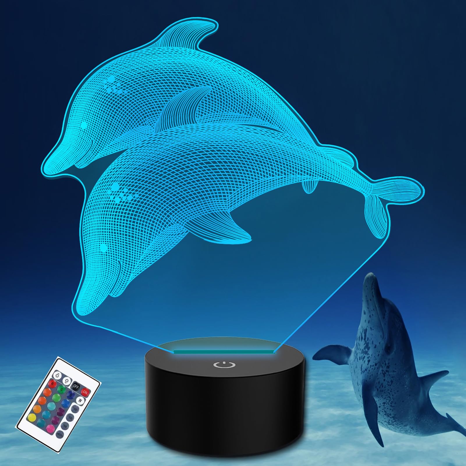 PONLCY 3D Illusion Lamp Dolphin Led Night Light, 16 Colors Changing USB Desk Lamps with Remote Control, Bedroom Decoration Table Lights for Kids Birthday Gifts