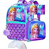 FTJCF 3Pcs Mermaid Backpack for Girls, 16" Sequins Kids Bookbag with Lunch Box, School Backpacks Set for Elementary Preschool Kindergarten(Purple)