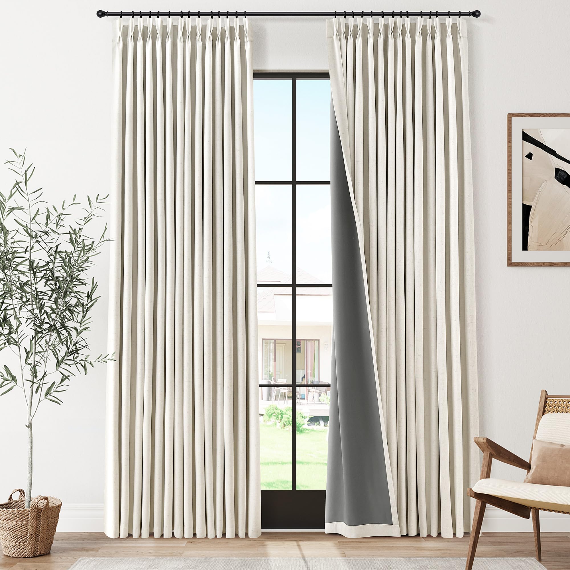 Photo 1 of Joywell Pinch Pleated 100% Blackout Linen Curtains 92 Inches Long 2 Panels Set Thermal Insulated Natural Linen Pleat Curtains for Bedroom Living Room Neutral Cream Pleated Drapes with Hooks 40x92