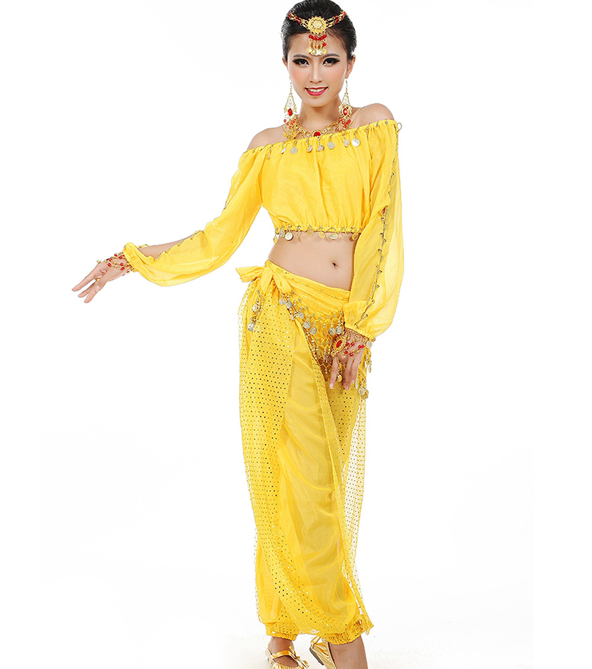 Astage Women Belly Dance Suit Costume Active Wear Longsleeve Top Pants Waist-Belt Sets