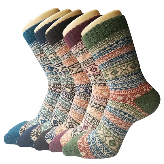 5 Paar Damen Winter Wollesocken, atmungsaktive weiche dicke Socken - bunte Farbe Premium Qualität klimaregulierende Wirkung,E