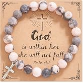 Dabem Christian Gifts for Women Men, Natural Stone Cross Bracelet Religious Catholic Faith Gifts with Quote Card