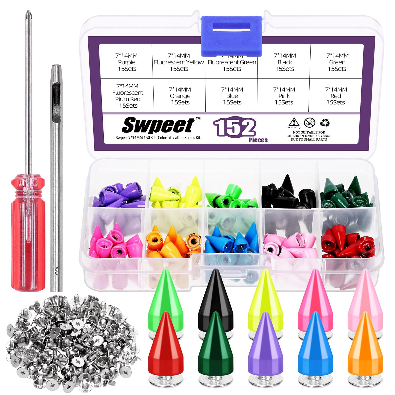 Swpeet 150 Sets 7X14mm Metal Cone Rivet and Screwbacks Kit with Installation Tools, Punk Metal Rivet Studs Rivets Screw, Leather Spikes for DIY Leathercraft Punk Style Clothing Accessories
