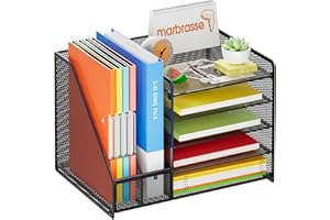 Marbrasse Desk Organizer with File Holder, 5 Tier Paper Letter Tray and 2 Magazine File Holders, Document Organizer with Maga
