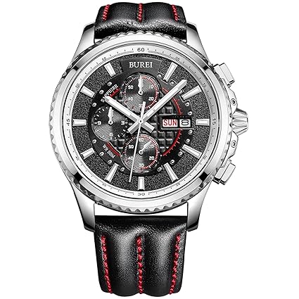 BUREI® Mens Luminous Chronograph Day and Date Watch with Black Calfskin Band, Silver Bezel Black Dial