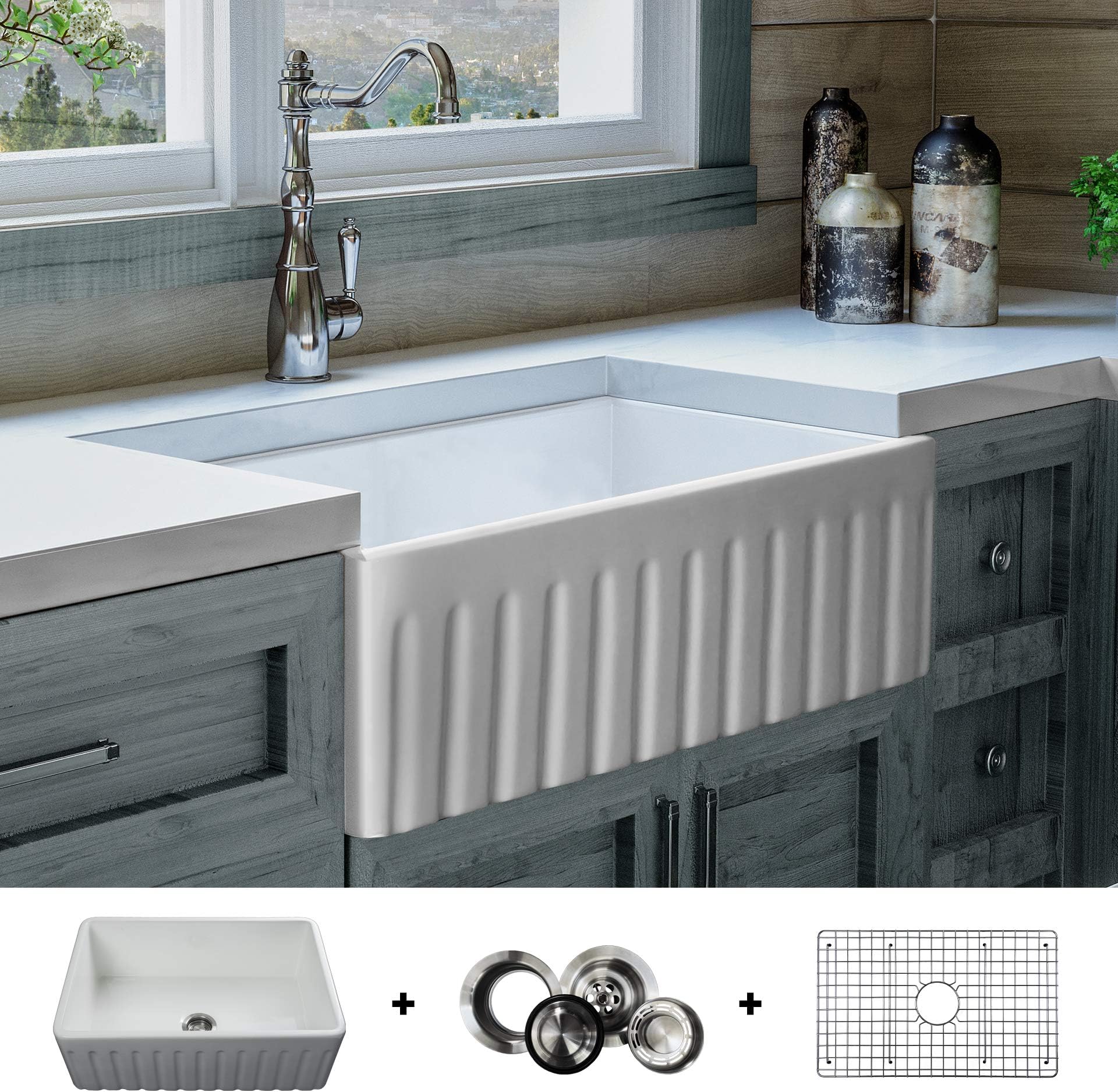 FSW1005 LUXURY 30-INCH SOLID FIRECLAY FARMHOUSE SINK IN WHITE, STAINLESS STEEL ACCS, FLUTED FRONT
