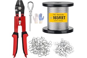 Wire Rope Crimping Tool Kit,304 Stainless Steel Cable 165FT - 7x7 Strand,1/16’’ Heavy Duty Wire Rope with 100PCS Loop Sleeves