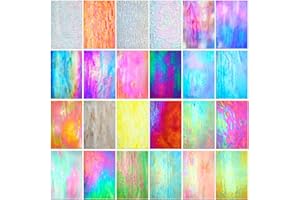 Treela 24 Pcs Stained Glass Sheets 4 x 6 Inch Rainbow Stained Glass Supplies for Craft Projects Variety Mosaic Art Mixed Color Iridescent DIY Home Decor(Shiny Color)