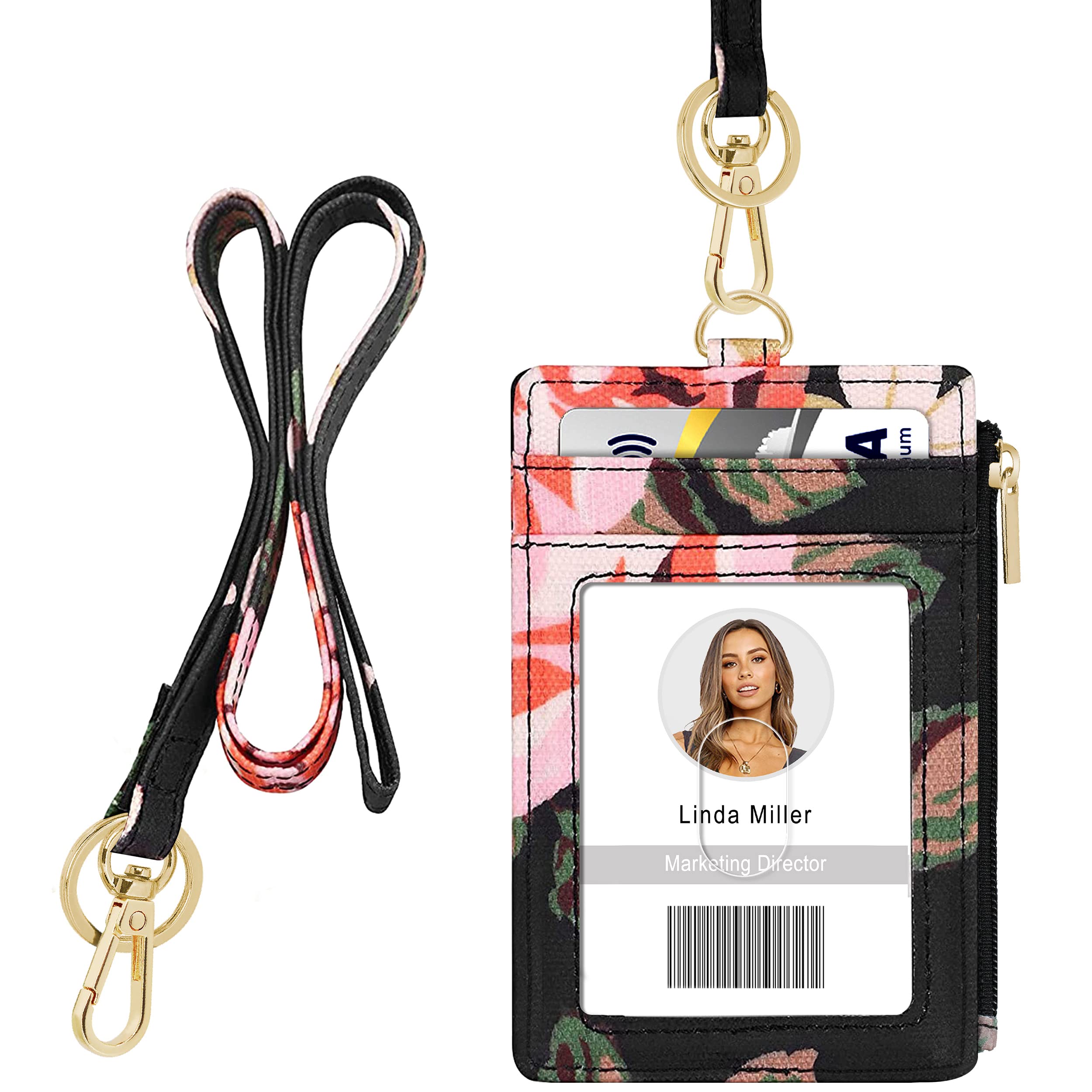 ID Badge Holder with Lanyard, Vertical Flower ID Badge Card Holder with 1 Clear ID Window, 4 Credit Card Slots and a Detachable Neck Lanyard (Floral Pattern 1)
