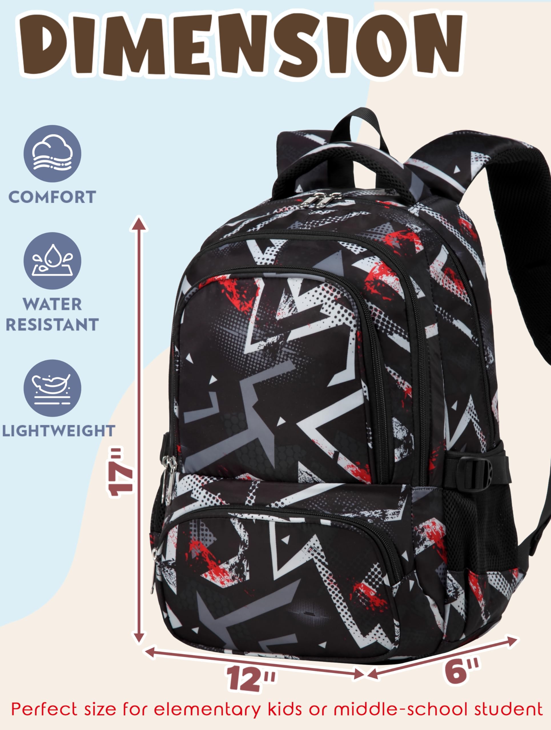 BLUEFAIRY Kids Backpacks for Boys Girls Elementary Primary Middle School Bookbags Back to School Bags for Childs Age 6-8 Mochilas Escolares para Niños Niñas 17 Inch Dark Black