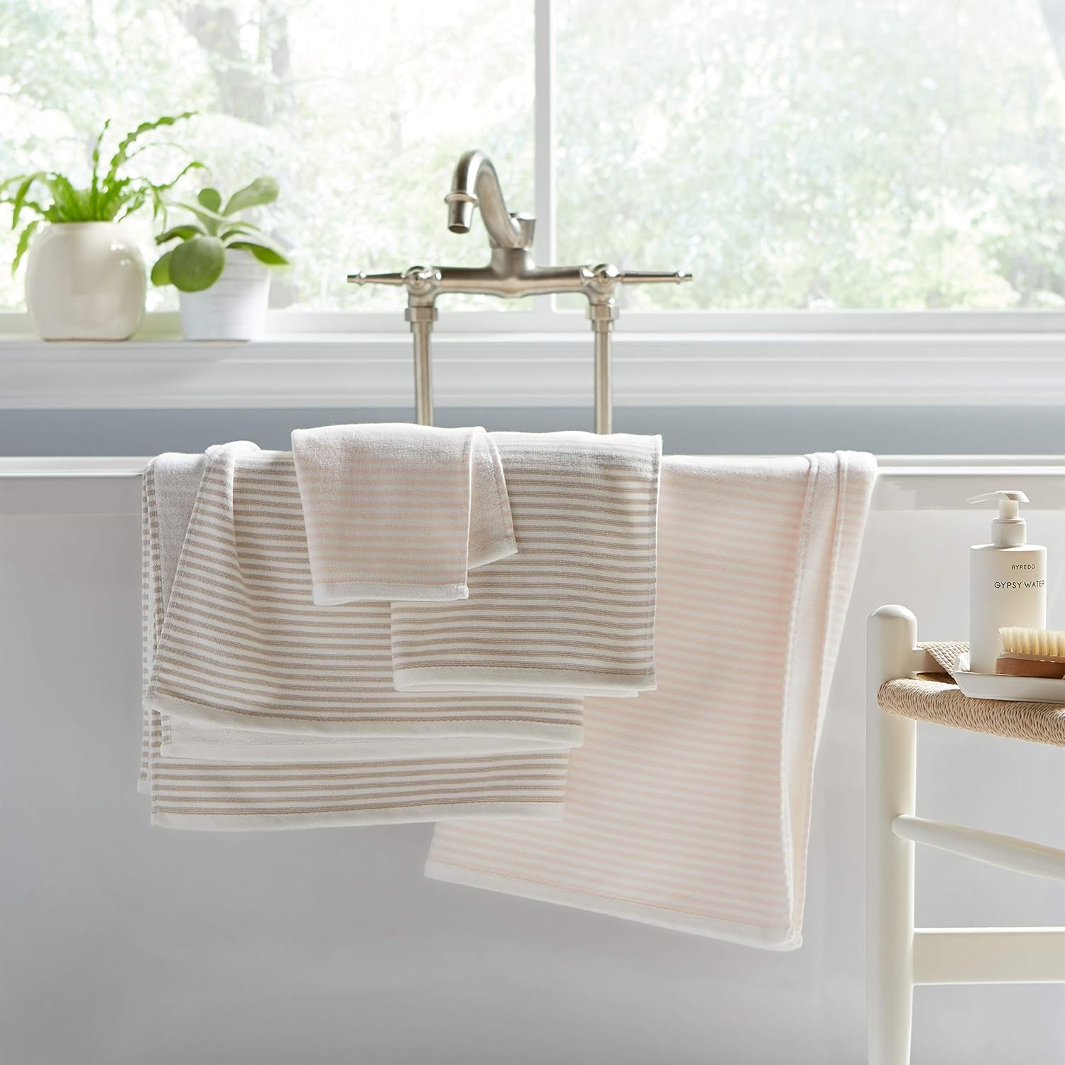  Brand – Stone & Beam Casual Striped 100% Cotton Bath Towel, Hand Towel, and Washcloth, Tan and White: Home & Kitchen