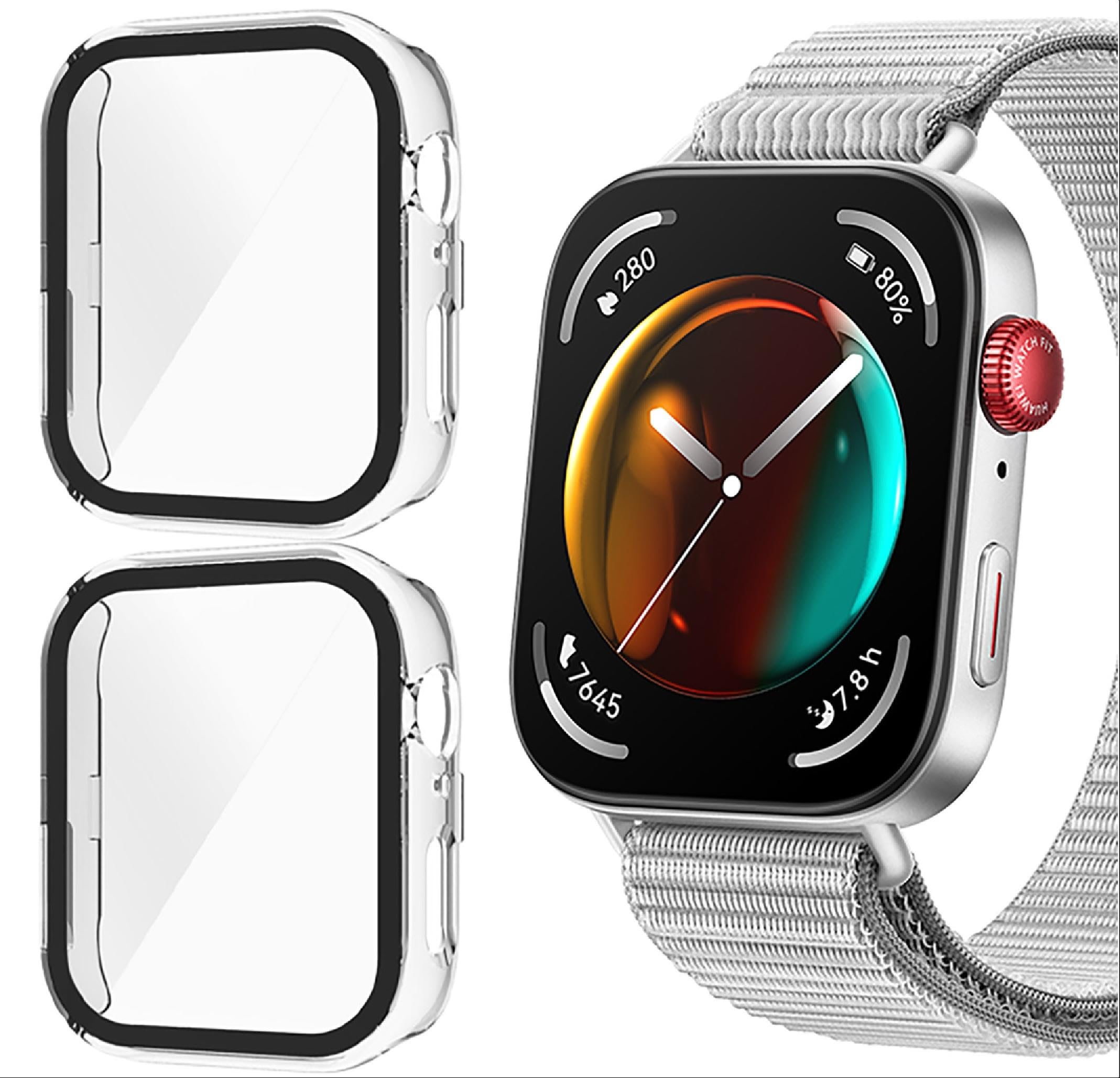 GIOPUEY [2 PACK Case Compatible with Huawei Watch Fit 3, Glass Protective Film + Hard Plastic Bezel, Huawei Watch Fit 3 Cover - Transparent+Transparent