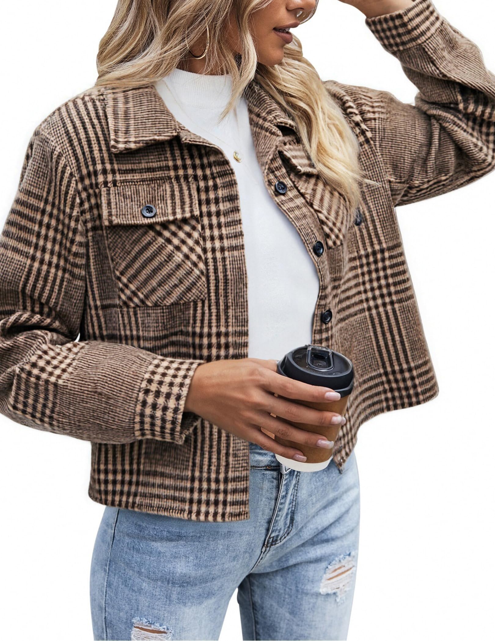 Zeagoo Flannels for Women Cropped Shacket Jacket Fashion Plaid Button Down Shirt 2025 Fall Coat Tops Image