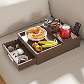 Couch Cup Holder Tray, 7-in-1 Couch Caddy Tray, Sofa Side Table with Push-Pull Drawer to Organize and Store Small Objects, 360°Swivel Phone Holder, for Drinks, Cups, Snacks, Remote(Chestnut)