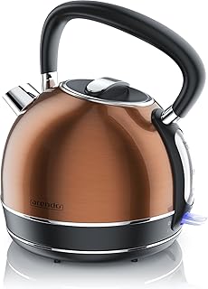 Arendo - Wasserkocher Edelstahl - Teekessel Retro Style - max. 2200W - Herausnehmbarer - austauschbarer Kalkfilter - Füllmenge 1,7 Liter - automatische Abschaltung - Modell 2019 mit GS - Kupfer Design
