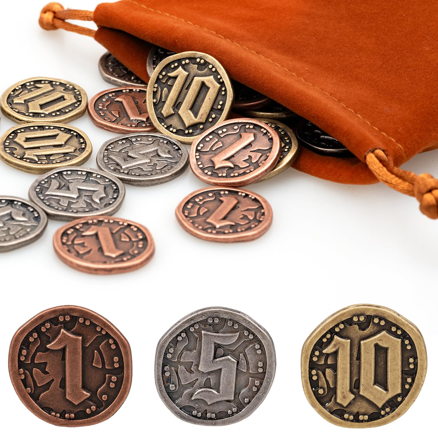 v2croft 30 PCS Metal Coins for Board Games, Antique Gold Silver Copper Tokens with Face Value for DND, Tabletop RPG, Pirate Party & Game Night
