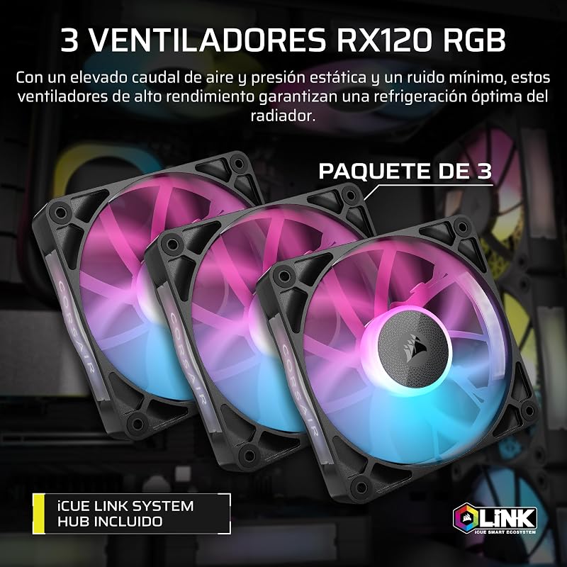 Kit de Arrefecimento Personalizado iCUE Link XH505i RX360 RGB – Bloco de Arrefecimento Líquido XC7 Elite, Bomba e Depósito XD6 Elite, 3 RX120 RGB, Radiador XR5 de 360mm, Centro de Sistema - Preto