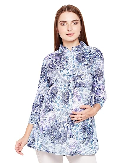 Women's Viscose Full Sleeves Floral Shirt (Blue)